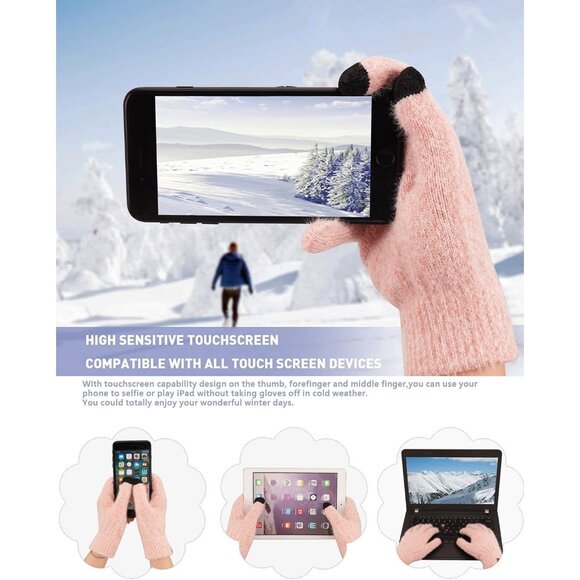 Women's Pink Warm Knit Beanie Hat Touchscreen Gloves Long Neck Scarf Set - Picture 4 of 6